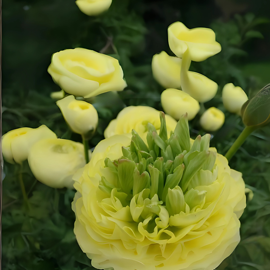 Bunch of vibrant yellow Romance Ranunculus buds and flowers arranged together, highlighting their unique shapes. Ideal for floral arrangements from The Happy Hour Flowers.