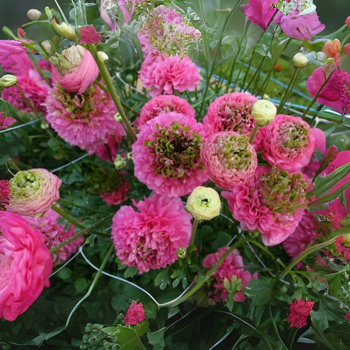 A bouquet filled with a variety of pink Romance Ranunculus Crown Bastille blooms, displaying their charm and appeal for flower lovers and florists.