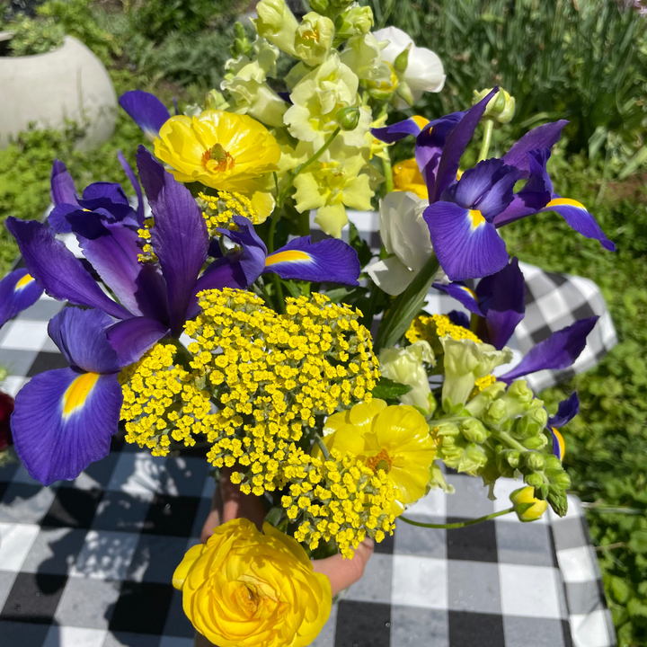 A detailed view of a fresh yellow Butterfly Ranunculus flower, perfect for illustrating The Happy Hour Flowers' product.