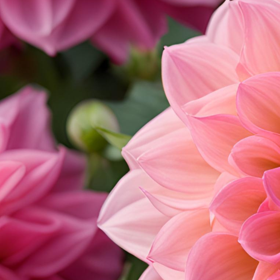 An artistic close-up of a blooming pink Dahlia flower, highlighting its delicate petals against green foliage, representing the beauty of the Daisy Duke Dahlia Tuber by The Happy Hour Flowers.