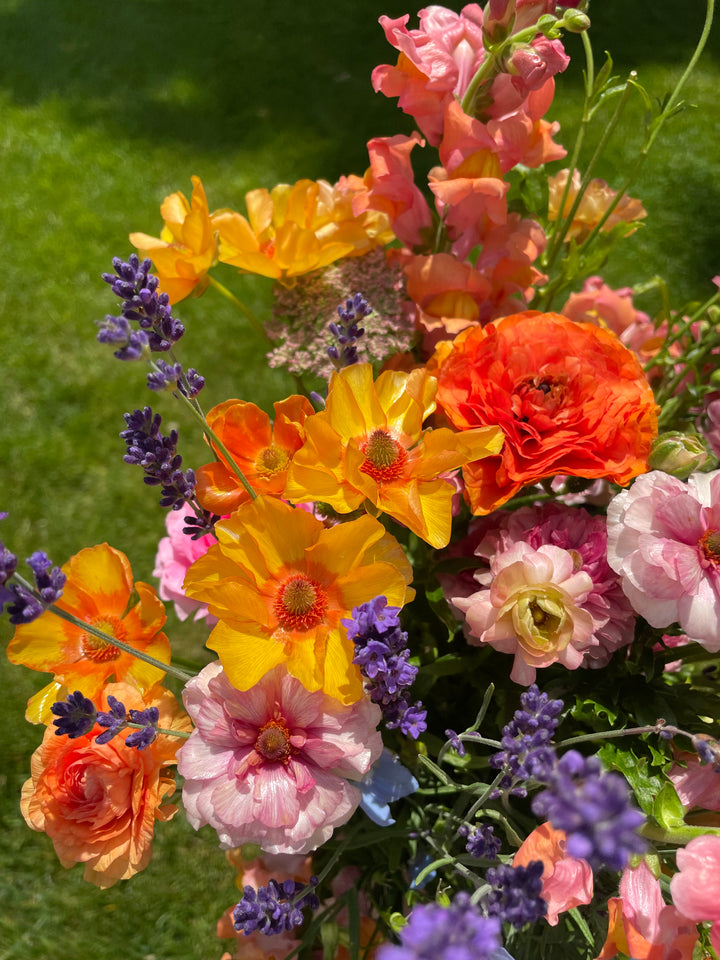 Orange Charis Butterfly Ranunculus in a bouquet