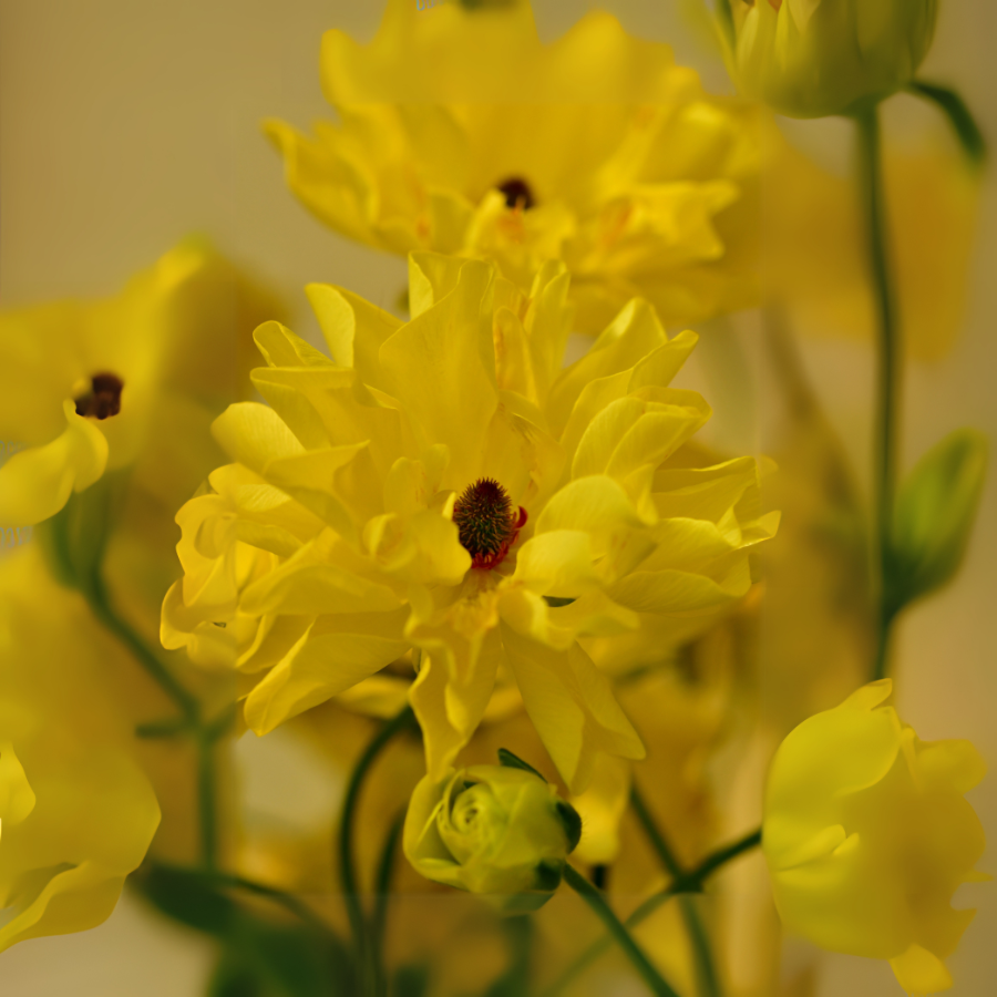 An artistic shot of Butterfly Ranunculus flowers along with other blooms in a lush garden, promoting the offerings of The Happy Hour Flowers.