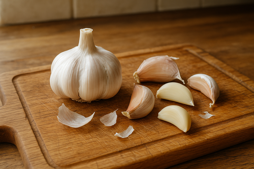 Garlic bulb with separated cloves on a cutting board