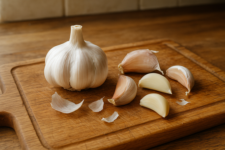 Garlic bulb with separated cloves on a cutting board