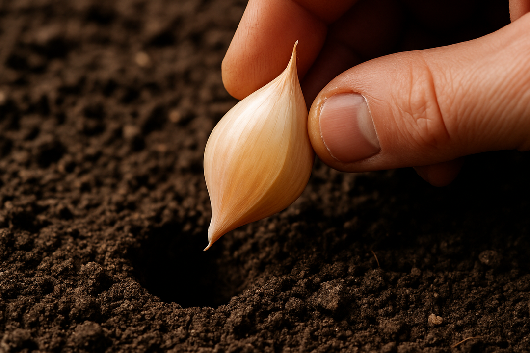 Individual garlic clove about to be planted in soil