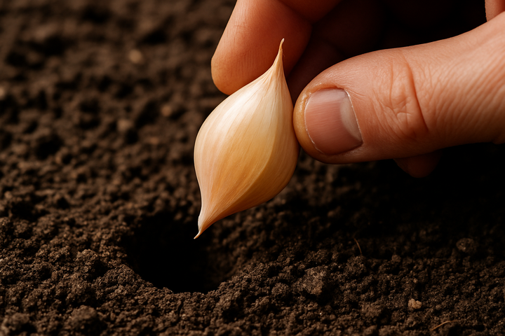 Individual garlic clove about to be planted in soil