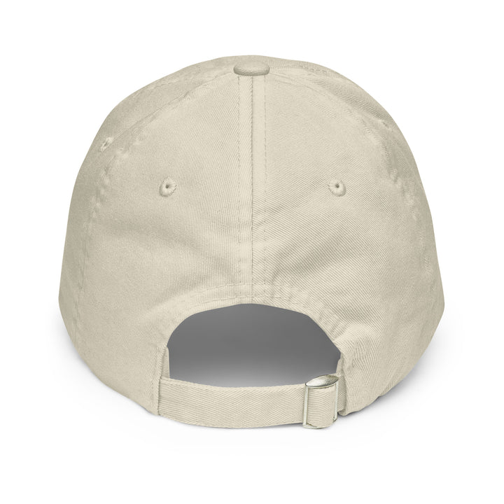 Back view of a beige pastel baseball hat made of chino cotton by The Happy Hour Flowers, complete with the Tartan Army branding for Scotland supporters in the World Cup.