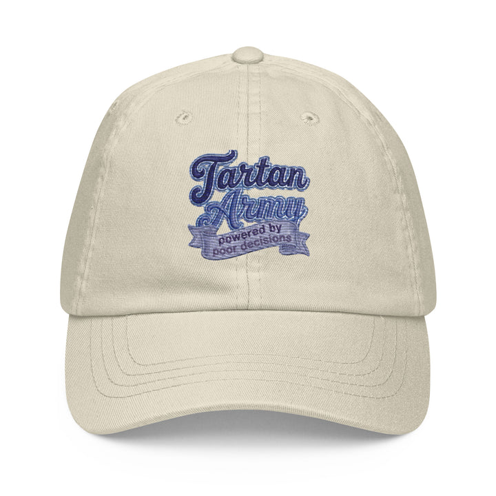 Beige pastel baseball hat made of 100% chino cotton by The Happy Hour Flowers, featuring the Tartan Army logo representing Scotland in the World Cup.