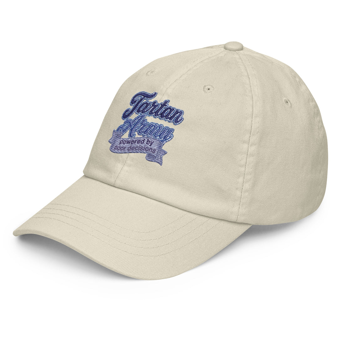 Front view of a beige pastel baseball hat made from 100% chino cotton by The Happy Hour Flowers, showcasing the Tartan Army design for fans of Scotland in the World Cup.