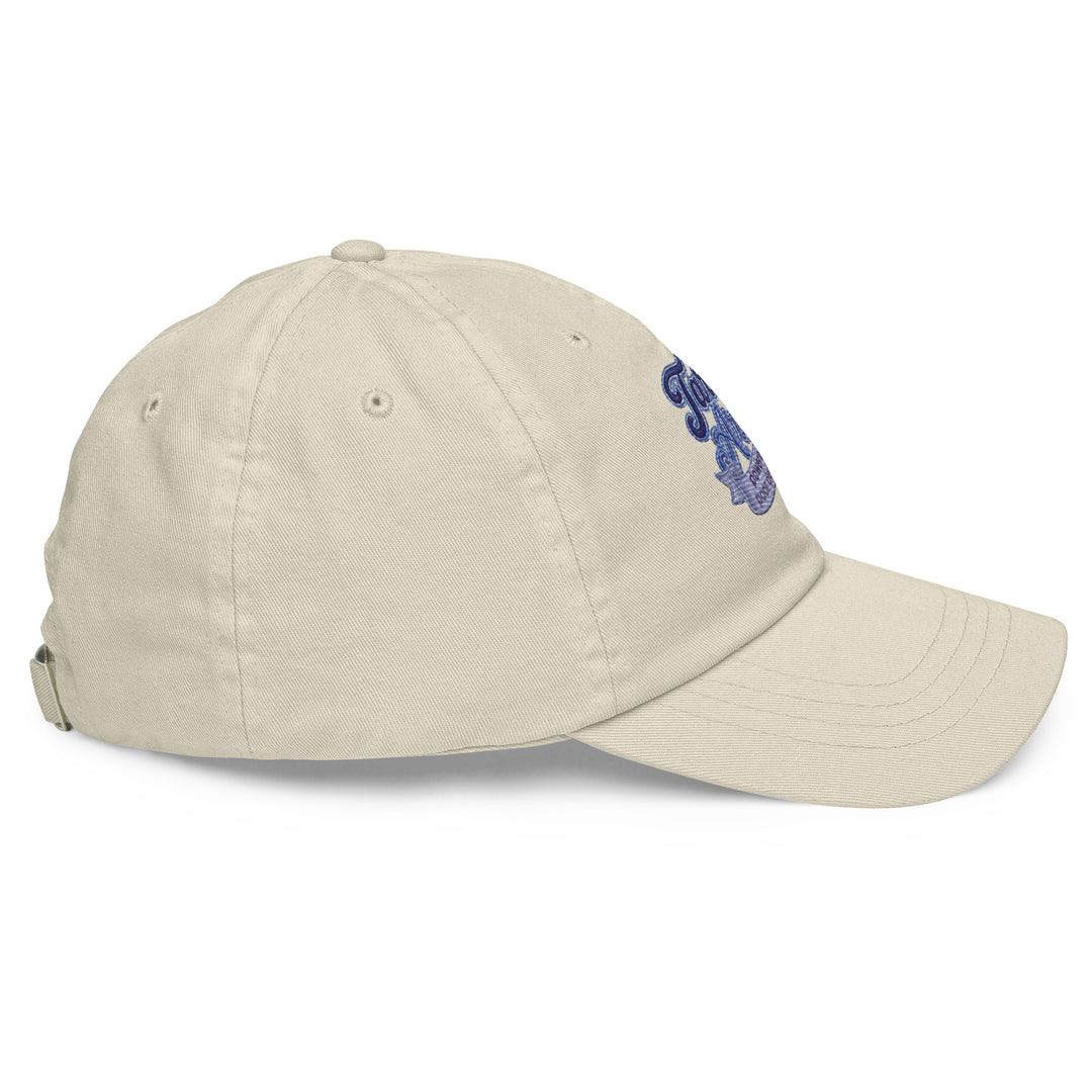 Side view of a beige pastel baseball hat made of 100% chino cotton by The Happy Hour Flowers, designed with the Tartan Army logo for World Cup supporters.