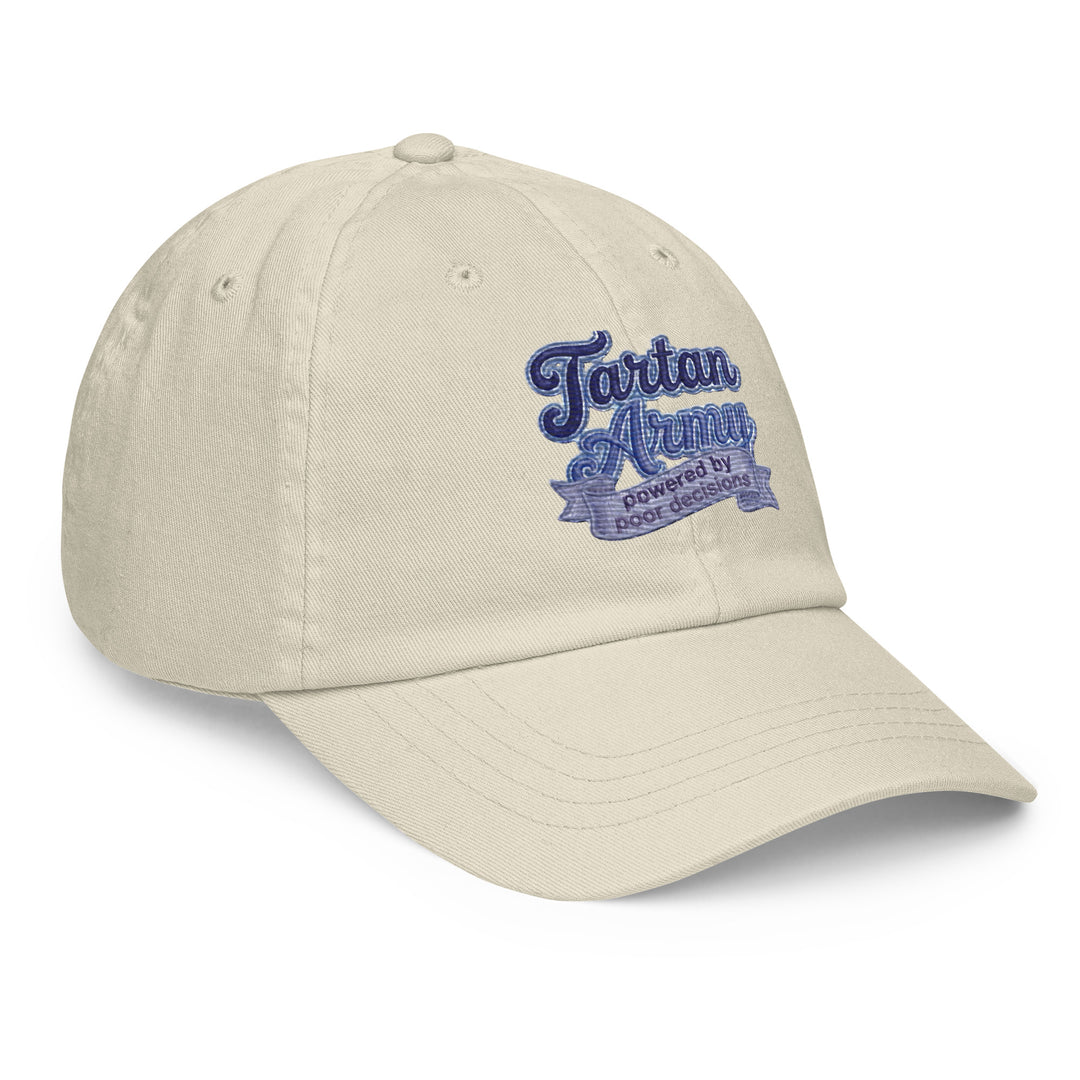 Front view of a beige pastel baseball hat made by The Happy Hour Flowers, featuring the Tartan Army emblem, ideal for celebrating Scotland in the World Cup.