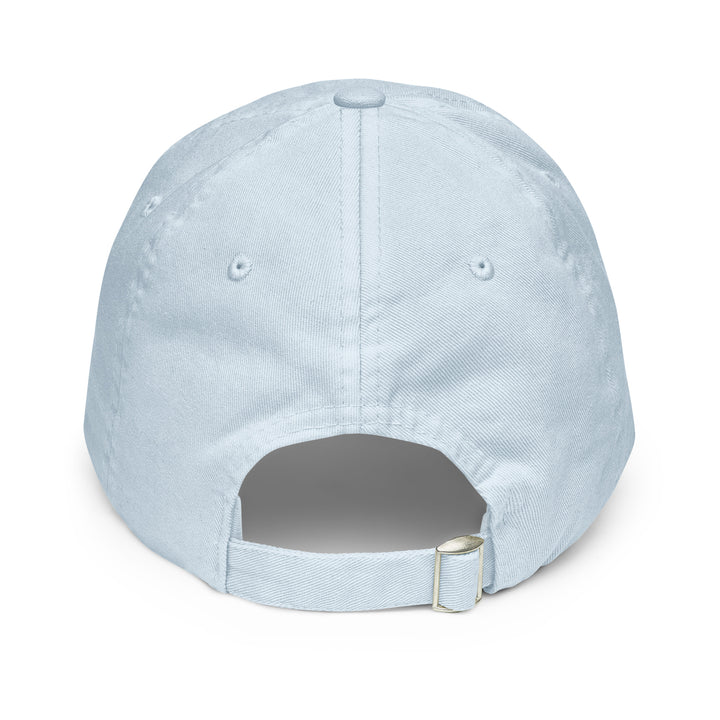Back view of a light blue pastel baseball hat from The Happy Hour Flowers, adorned with Tartan Army graphics, perfect for Scotland World Cup enthusiasts.