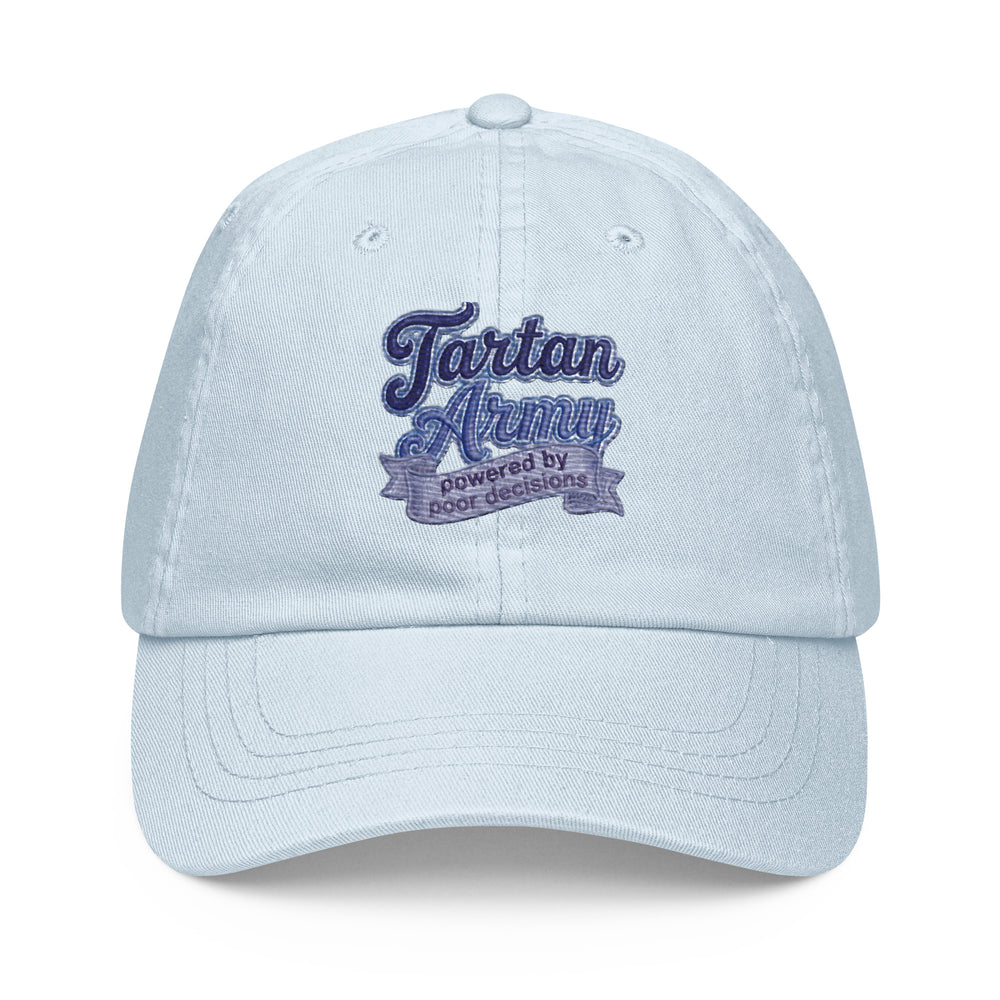 Light blue pastel baseball hat made of 100% chino cotton from The Happy Hour Flowers, showcasing the Tartan Army emblem for supporters of Scotland in the World Cup.