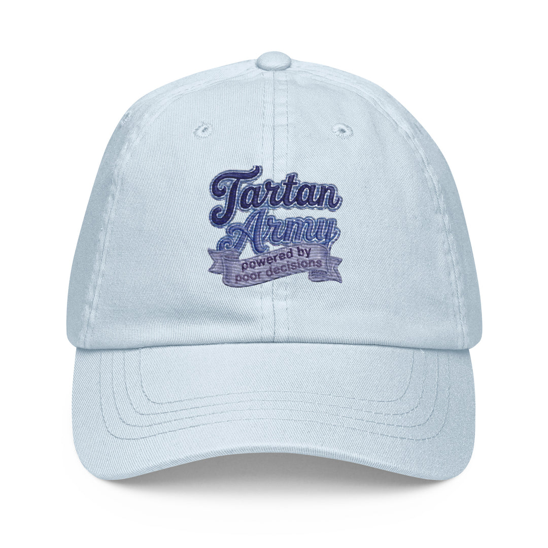 Light blue pastel baseball hat made of 100% chino cotton from The Happy Hour Flowers, showcasing the Tartan Army emblem for supporters of Scotland in the World Cup.