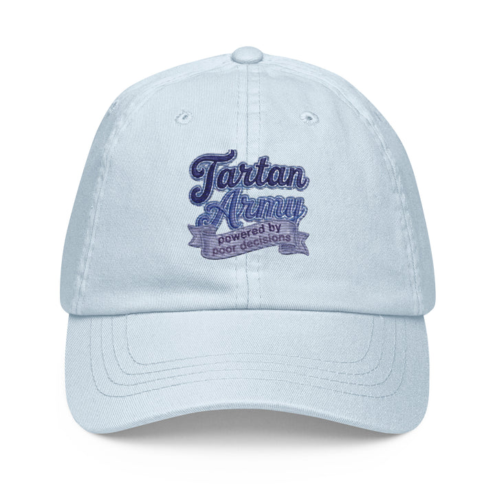 Light blue pastel baseball hat made of 100% chino cotton from The Happy Hour Flowers, showcasing the Tartan Army emblem for supporters of Scotland in the World Cup.