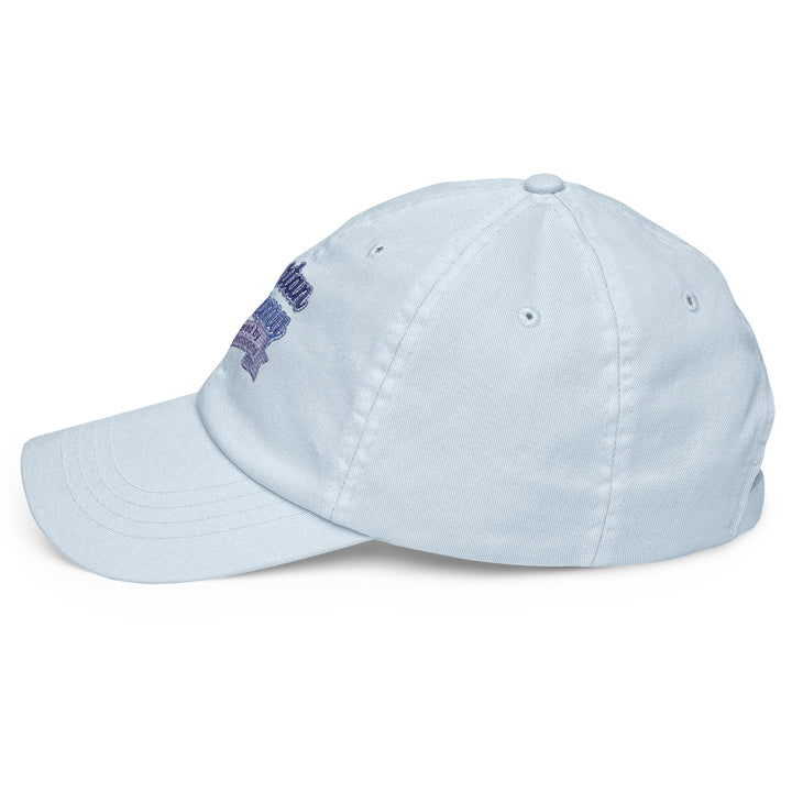 Side view of a light blue pastel baseball hat by The Happy Hour Flowers, designed with Tartan Army graphics for those rallying for Scotland in the World Cup.
