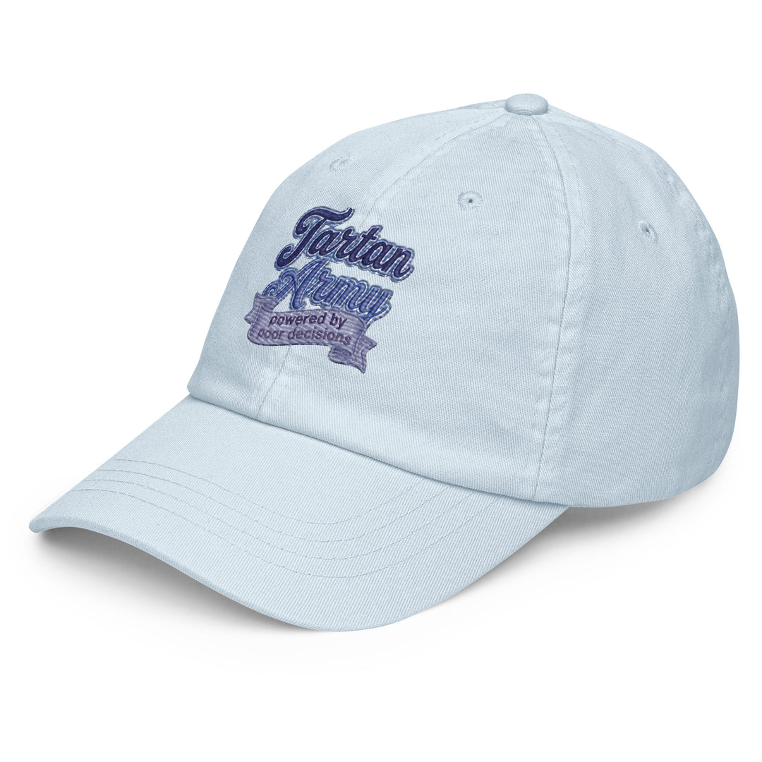 Front view of a light blue pastel baseball hat by The Happy Hour Flowers, featuring the Tartan Army logo, perfect for World Cup supporters of Scotland.