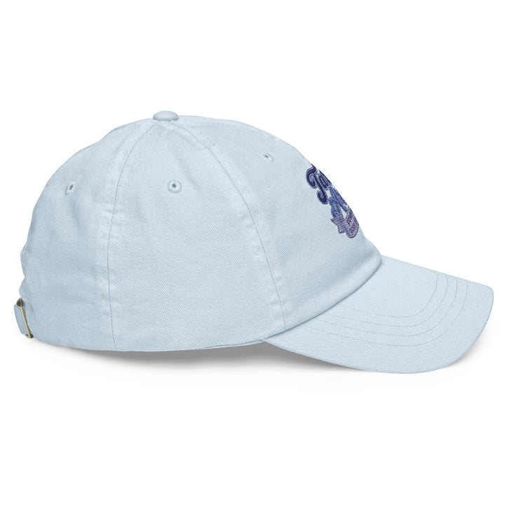 Side view of a light blue pastel baseball hat by The Happy Hour Flowers, featuring the Tartan Army emblem, perfect for fans supporting Scotland in the World Cup.