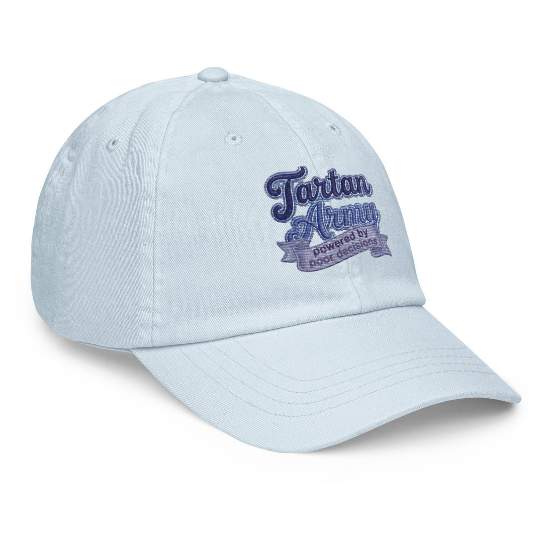 Front view of a light blue pastel baseball hat from The Happy Hour Flowers, showcasing the Tartan Army logo for World Cup supporters of Scotland.