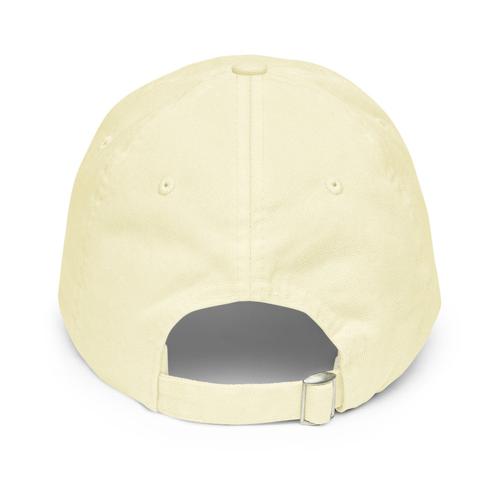 Back view of a yellow pastel baseball hat made by The Happy Hour Flowers, featuring the Tartan Army emblem, perfect for supporting Scotland in the World Cup.