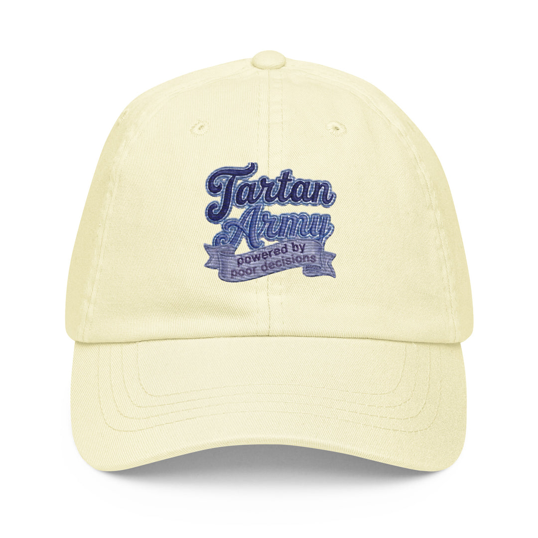 Yellow pastel baseball hat by The Happy Hour Flowers, featuring the Tartan Army design, ideal for showing support for Scotland during the World Cup.