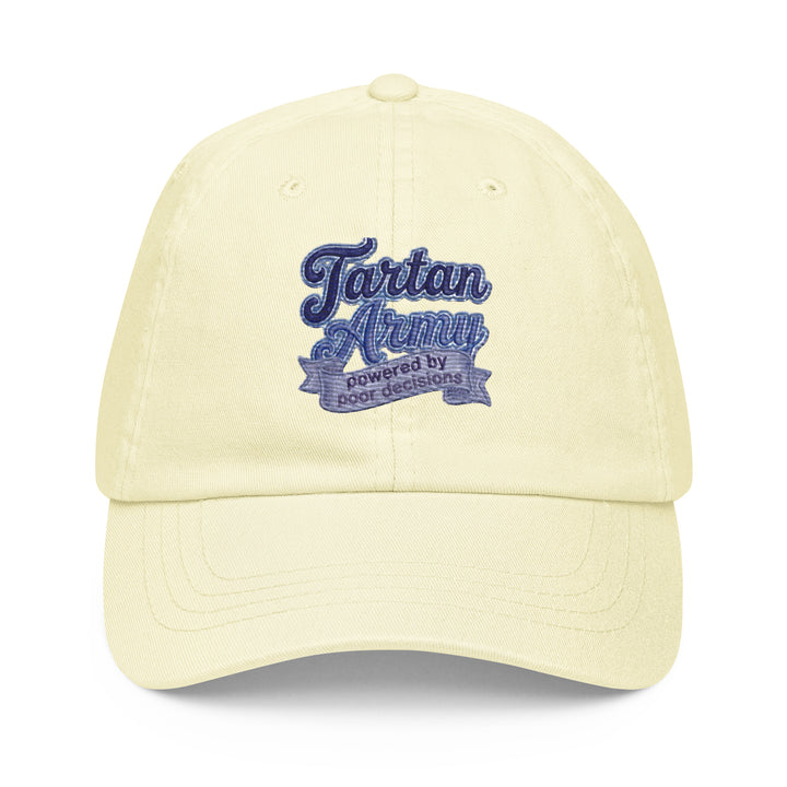 Yellow pastel baseball hat by The Happy Hour Flowers, featuring the Tartan Army design, ideal for showing support for Scotland during the World Cup.