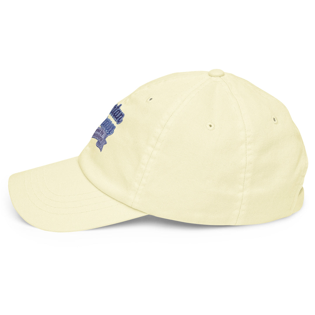 Side view of a yellow pastel baseball hat by The Happy Hour Flowers, adorned with the Tartan Army emblem, celebrating Scotland&