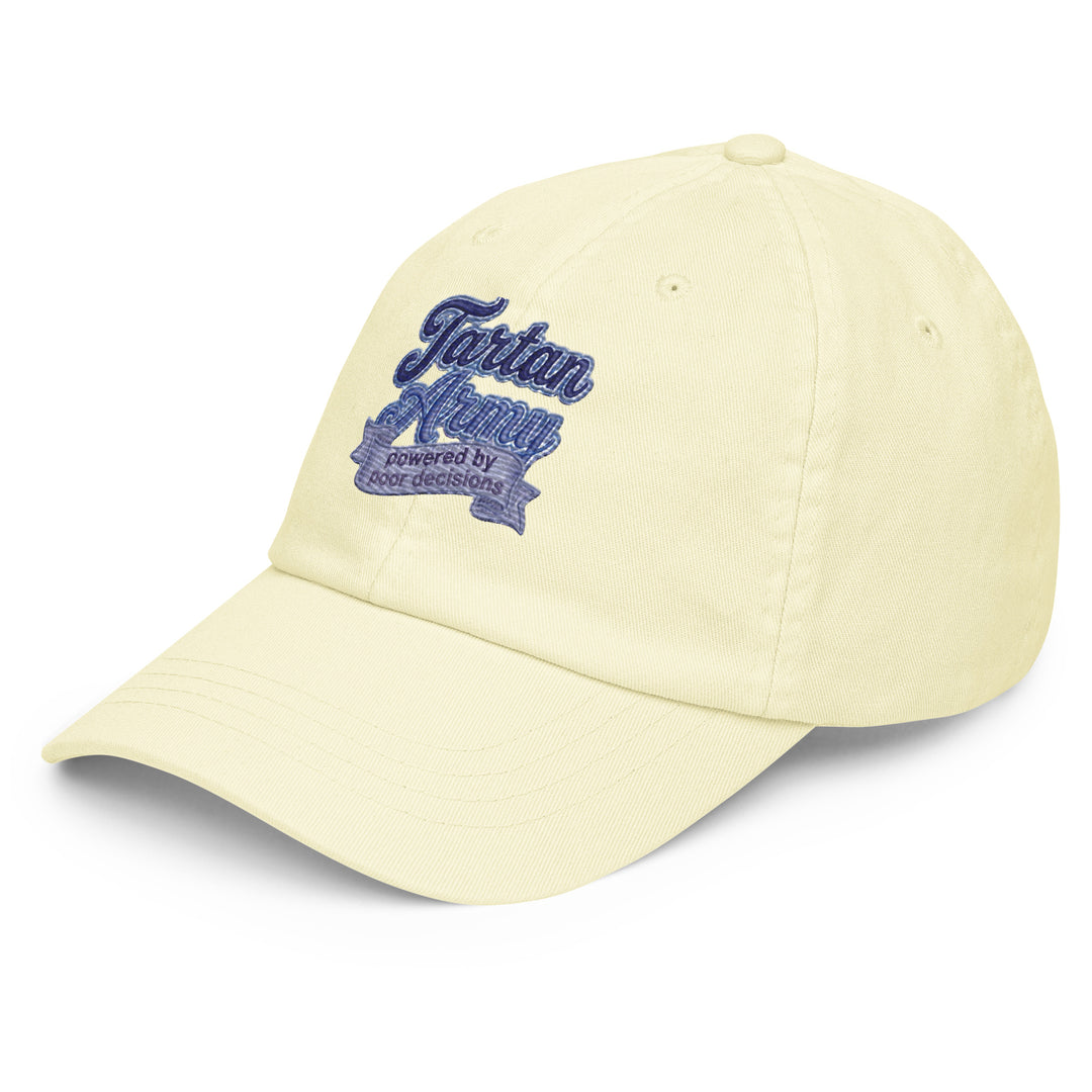 Front view of a yellow pastel baseball hat from The Happy Hour Flowers, adorned with the Tartan Army logo, ideal for celebrating Scotland&