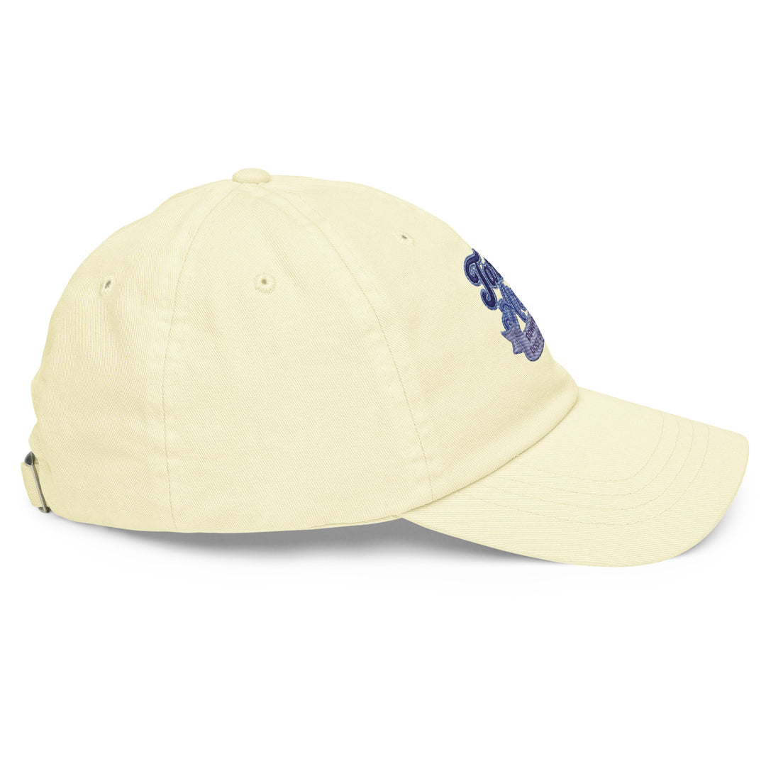 Side view of a yellow pastel baseball hat from The Happy Hour Flowers, embellished with the Tartan Army design for fans of Scotland in the World Cup.