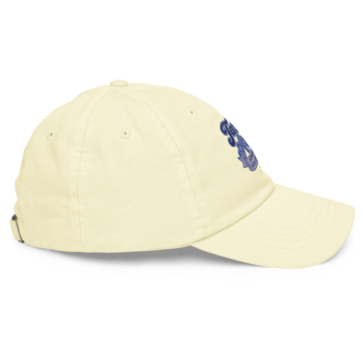 Side view of a yellow pastel baseball hat from The Happy Hour Flowers, embellished with the Tartan Army design for fans of Scotland in the World Cup.