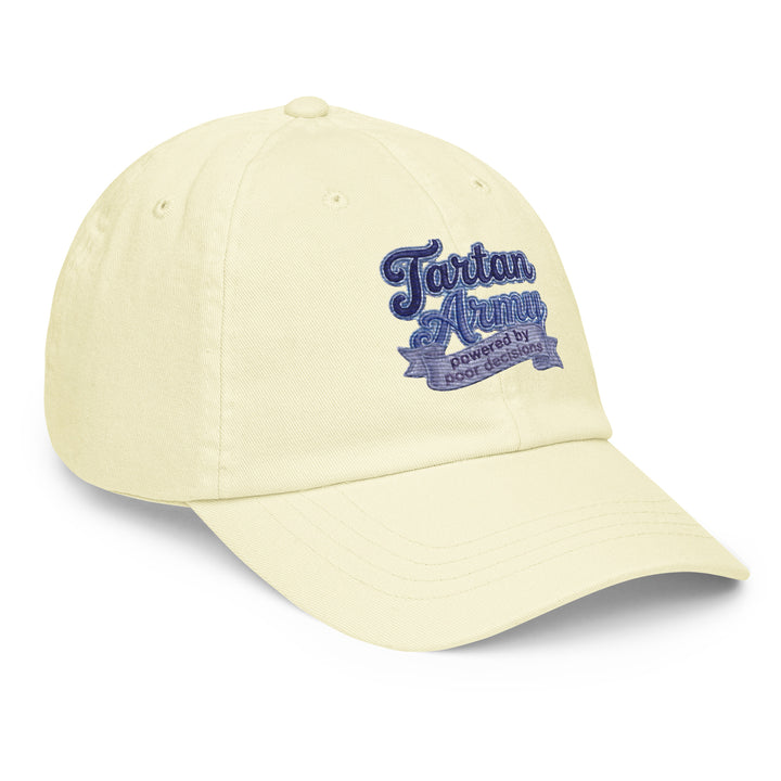 Front view of a yellow pastel baseball hat made by The Happy Hour Flowers, featuring the Tartan Army logo, perfect for celebrating Scotland during the World Cup.