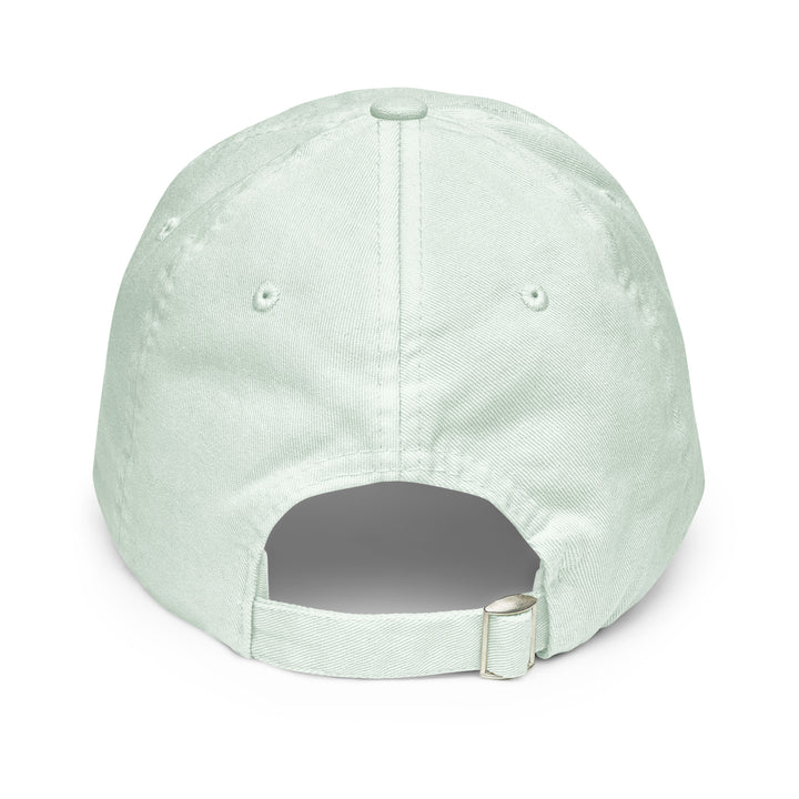Back view of a mint green pastel baseball hat from The Happy Hour Flowers, designed with Tartan Army branding for Scotland&