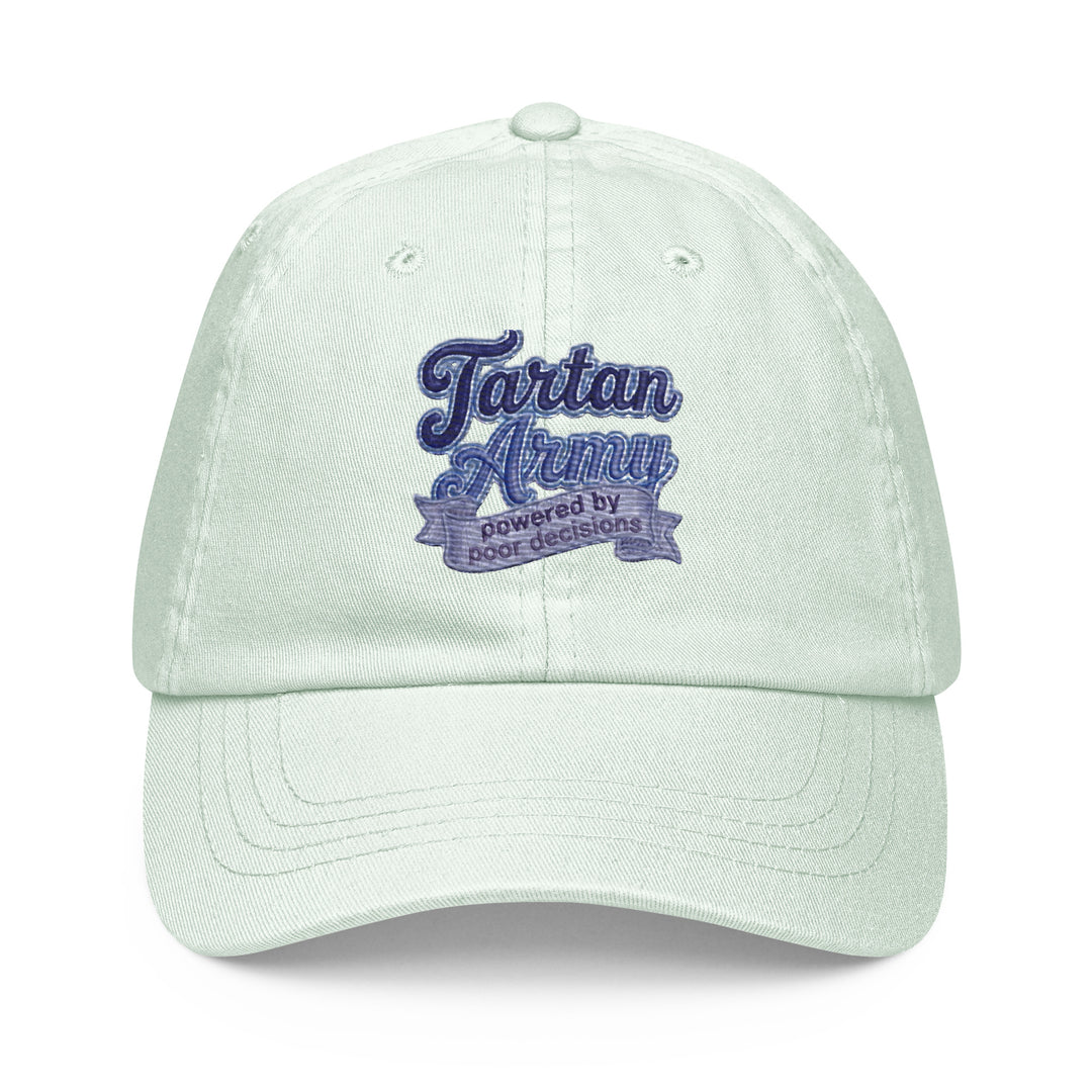 Mint green pastel baseball hat crafted from 100% chino cotton by The Happy Hour Flowers, displaying the Tartan Army logo for World Cup fans of Scotland.