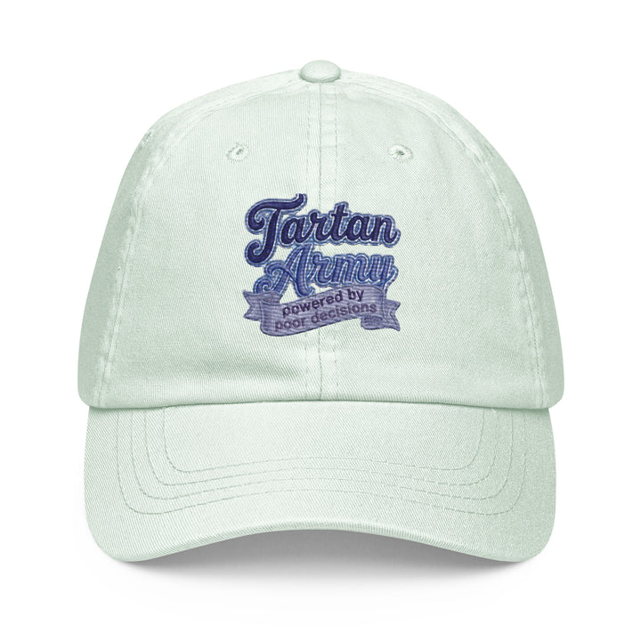 Mint green pastel baseball hat crafted from 100% chino cotton by The Happy Hour Flowers, displaying the Tartan Army logo for World Cup fans of Scotland.