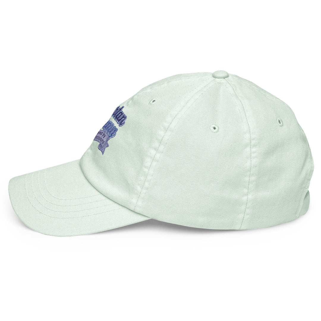 Side view of a mint green pastel baseball hat crafted from 100% chino cotton by The Happy Hour Flowers, displaying the Tartan Army logo for Scotland fans in the World Cup.