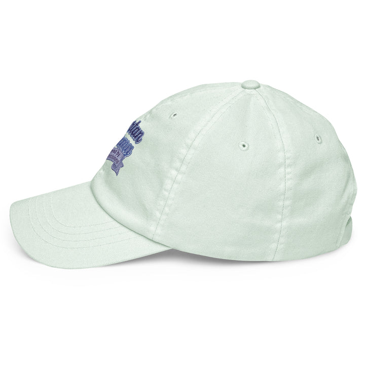 Side view of a mint green pastel baseball hat crafted from 100% chino cotton by The Happy Hour Flowers, displaying the Tartan Army logo for Scotland fans in the World Cup.