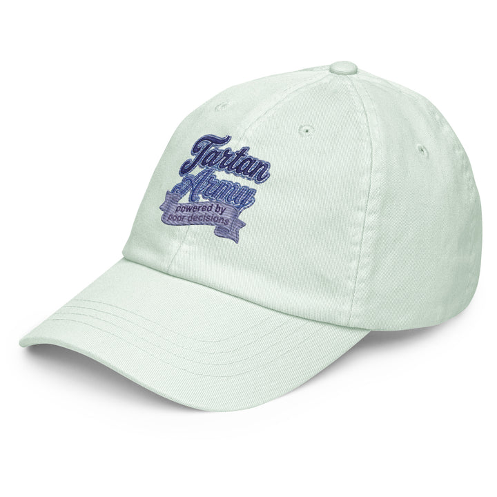 Front view of a mint green pastel baseball hat by The Happy Hour Flowers, featuring the Tartan Army design, perfect for fans of Scotland in the World Cup.