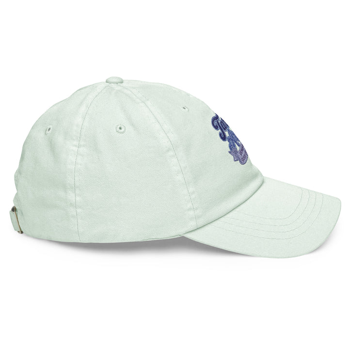 Side view of a mint green pastel baseball hat by The Happy Hour Flowers, featuring the Tartan Army logo, ideal for supporters of Scotland in the World Cup.