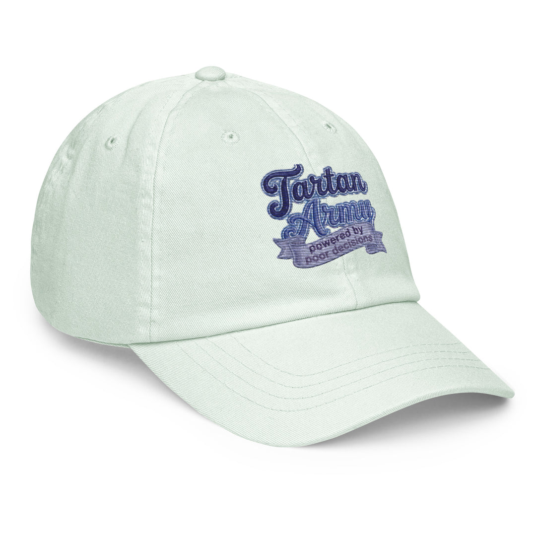 Front view of a mint green pastel baseball hat from The Happy Hour Flowers, designed with the Tartan Army emblem for those supporting Scotland in the World Cup.