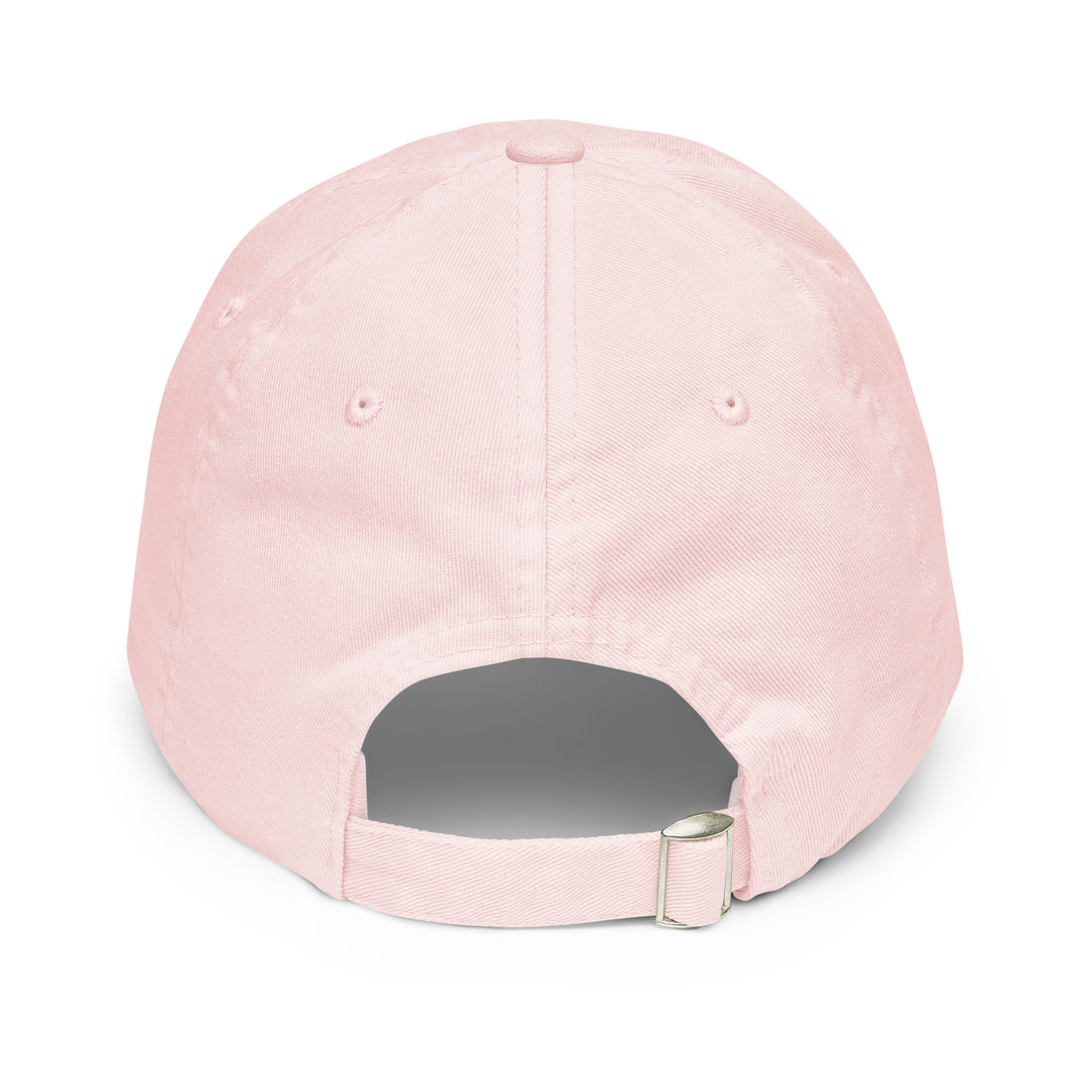 Back view of a soft pink pastel baseball hat by The Happy Hour Flowers, showcasing the Tartan Army logo, celebrating Scotland&