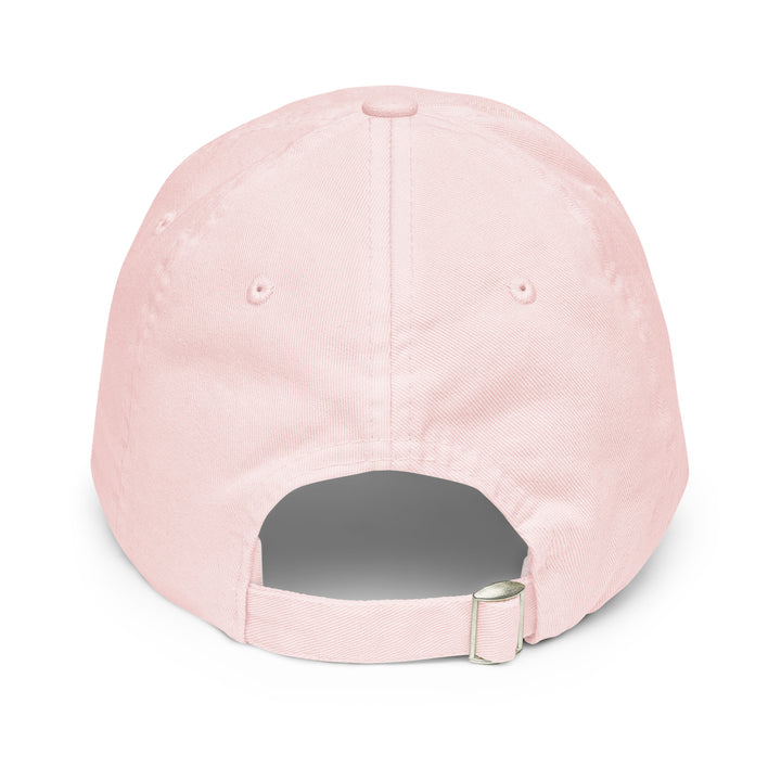 Back view of a soft pink pastel baseball hat by The Happy Hour Flowers, showcasing the Tartan Army logo, celebrating Scotland&