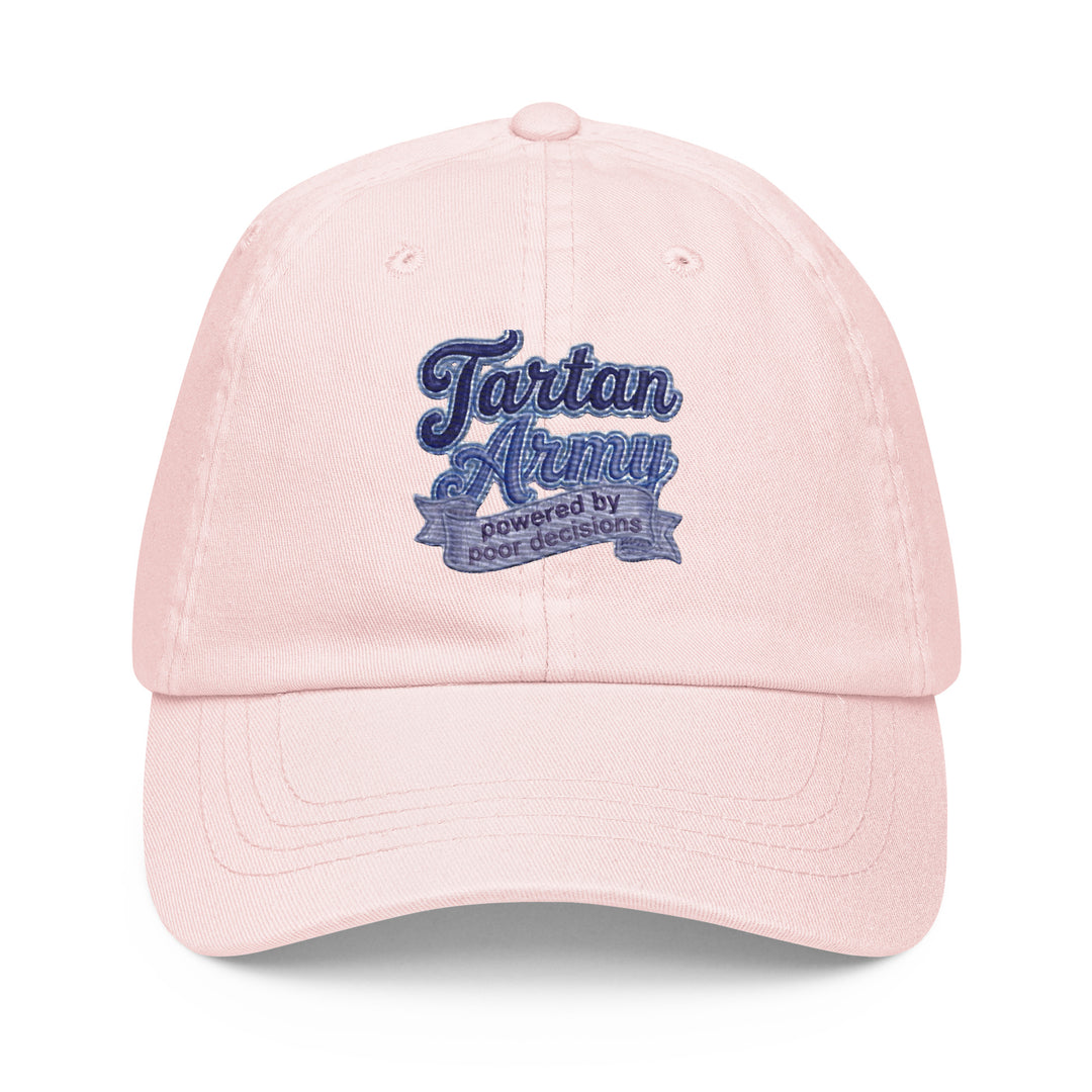 Soft pink pastel baseball hat by The Happy Hour Flowers, designed with the Tartan Army logo, perfect for celebrating Scotland in the World Cup.