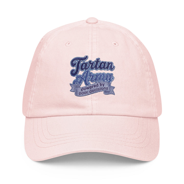 Soft pink pastel baseball hat by The Happy Hour Flowers, designed with the Tartan Army logo, perfect for celebrating Scotland in the World Cup.