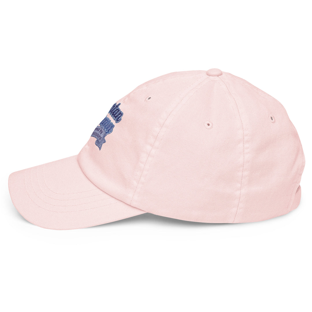 Side view of a soft pink pastel baseball hat made by The Happy Hour Flowers, featuring the Tartan Army logo, perfect for World Cup supporters of Scotland.