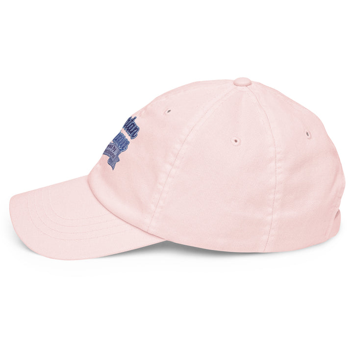 Side view of a soft pink pastel baseball hat made by The Happy Hour Flowers, featuring the Tartan Army logo, perfect for World Cup supporters of Scotland.