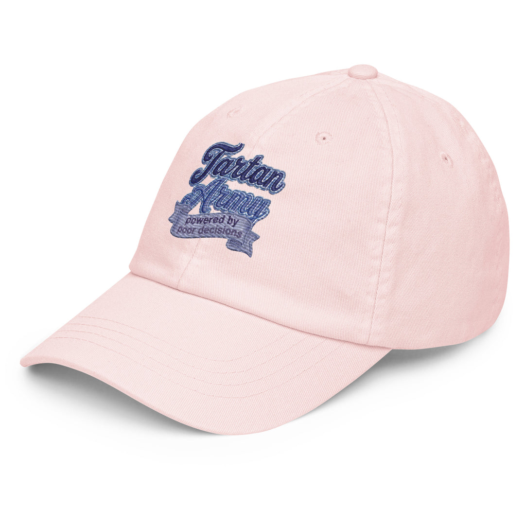 Front view of a soft pink pastel baseball hat crafted by The Happy Hour Flowers, designed with the Tartan Army emblem for those cheering on Scotland in the World Cup.