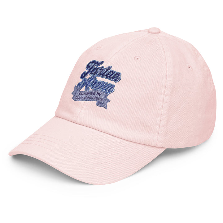 Front view of a soft pink pastel baseball hat crafted by The Happy Hour Flowers, designed with the Tartan Army emblem for those cheering on Scotland in the World Cup.