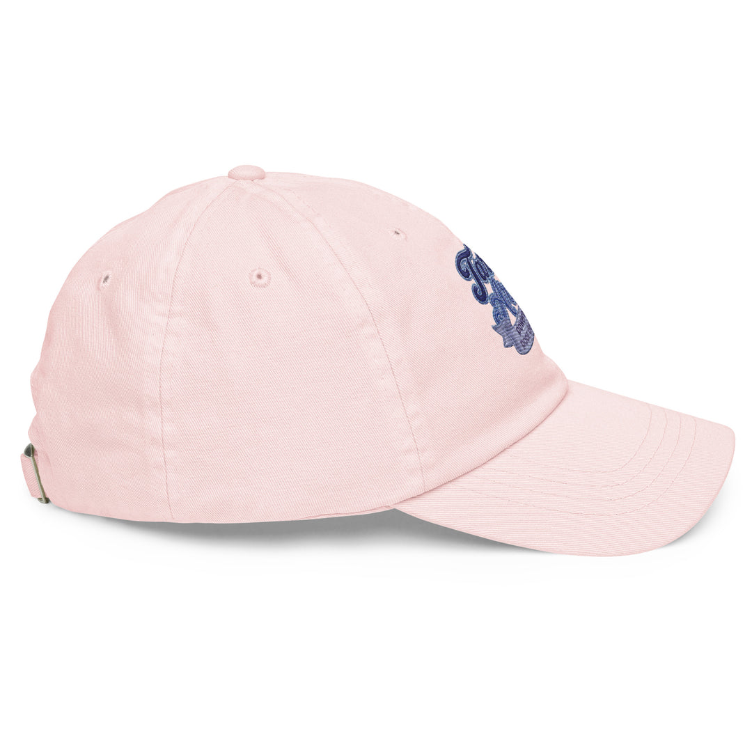 Side view of a soft pink pastel baseball hat crafted by The Happy Hour Flowers, showcasing the Tartan Army logo for those cheering on Scotland in the World Cup.