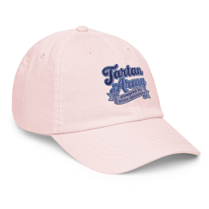 Front view of a soft pink pastel baseball hat by The Happy Hour Flowers, designed with Tartan Army branding for fans cheering on Scotland in the World Cup.