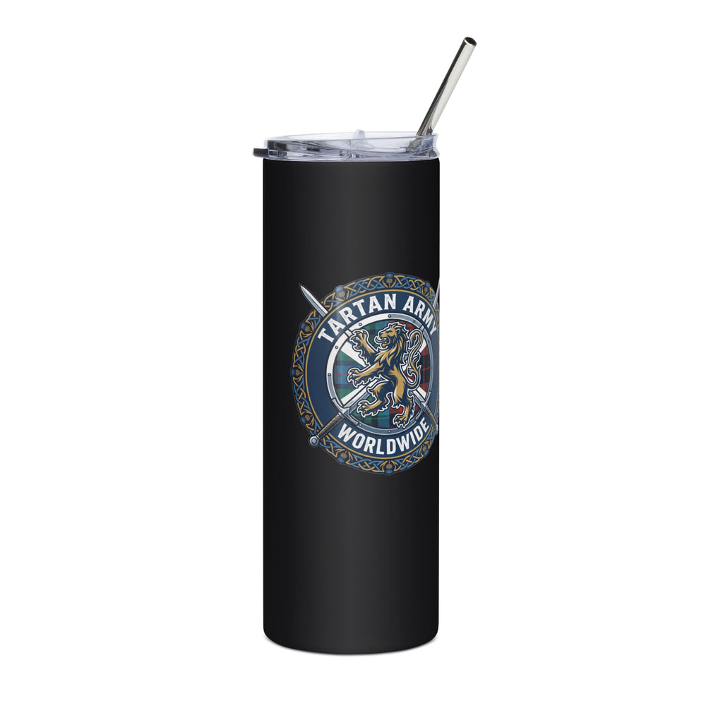 Black stainless steel Tartan Army Worldwide tumbler from The Happy Hour Flowers, durable drinkware with a sleek finish.